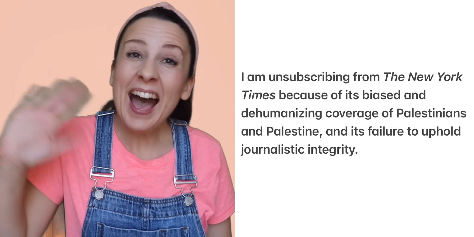Left: Children's educator Ms. Rachel in overalls waving at the camera. Right: Statement from Ms. Rachel, black text on white, reading 'I am unsubscribing from The New York Times because of its biased and dehumanizing coverage of Palestinians and Palestine, and its failure to uphold journalistic integrity.'