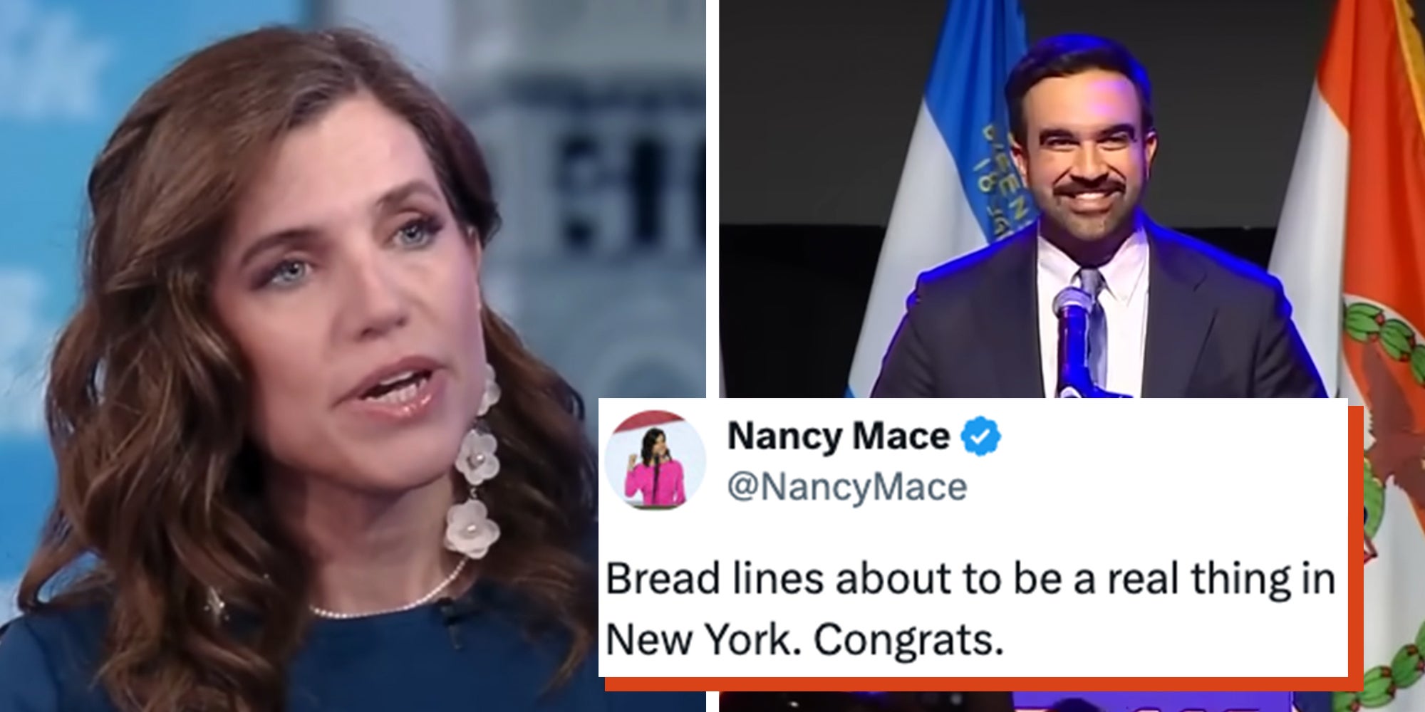 Left: Nancy Mace giving an interview on ABC News. Right: Zohran Mamdani smiling behind at a podium during his mayoral acceptance speech win. Tweet overy from Nancy Mace reads 'Bread lies about to be a real thing in New York. Congrats.'