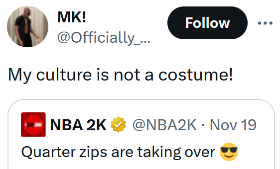 Tweet reading 'My culture is not a costume!'