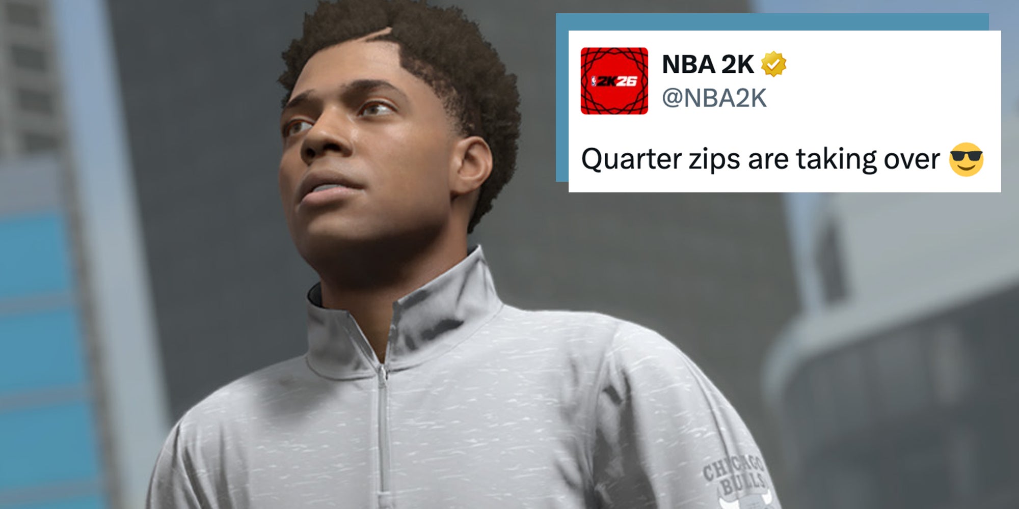 NBA 2K rendering of an NBA player wearing a quarter zip sweater. Official NBA 2K X account tweet overlay reads, 'Quarter zips are taking over.'