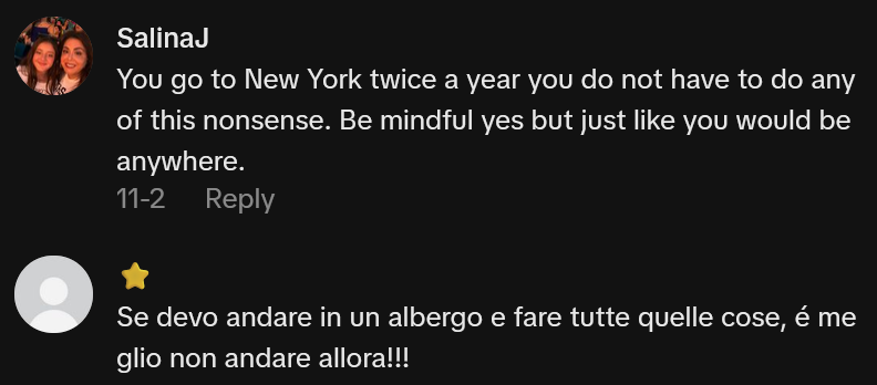 TikTok comments including one reading 'You go to New York twice a year you do not have to do any of this nonsense. Be mindful yes but just like you would be anywhere.'