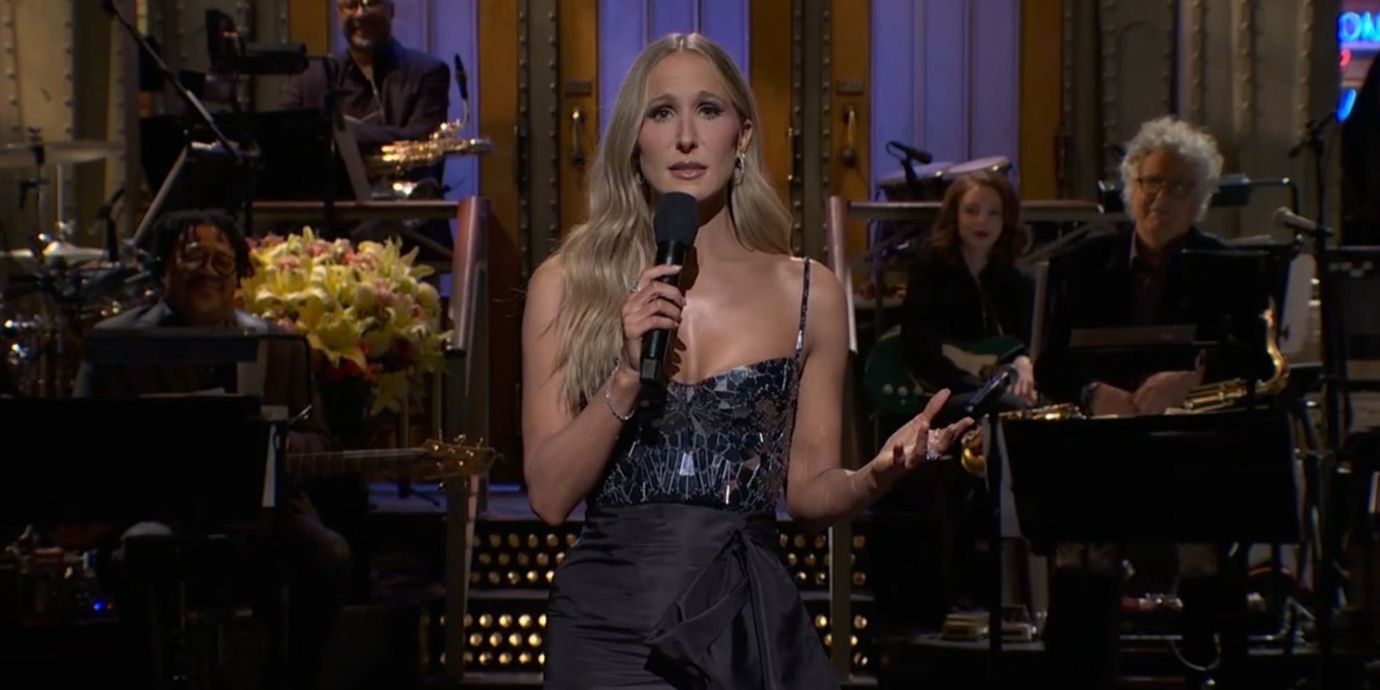 Comedian Nikki Glaser on the "Saturday Night Live" stage on November 8, 2025.