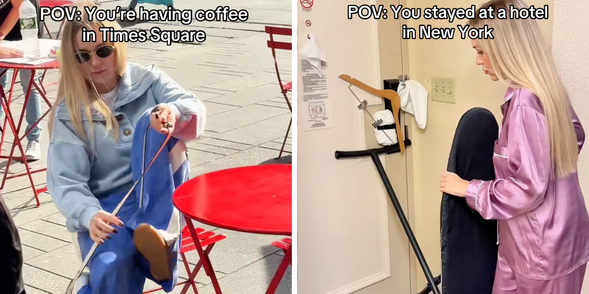 Woman showing her 'safety tips' for New York City underneath text reading, 'POV: You're having coffee in Times Square.'