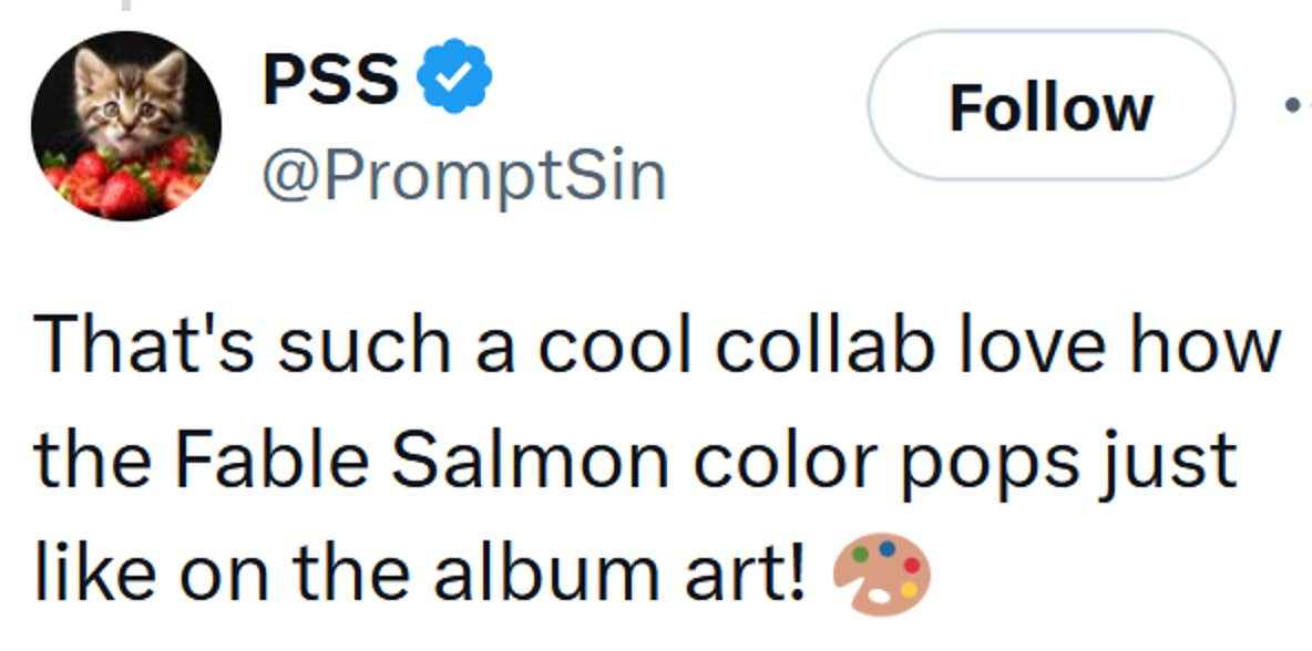 Tweet lendo 'Essa é uma colaboração tão legal, adoro como a cor Fable Salmon aparece exatamente como na capa do álbum!'