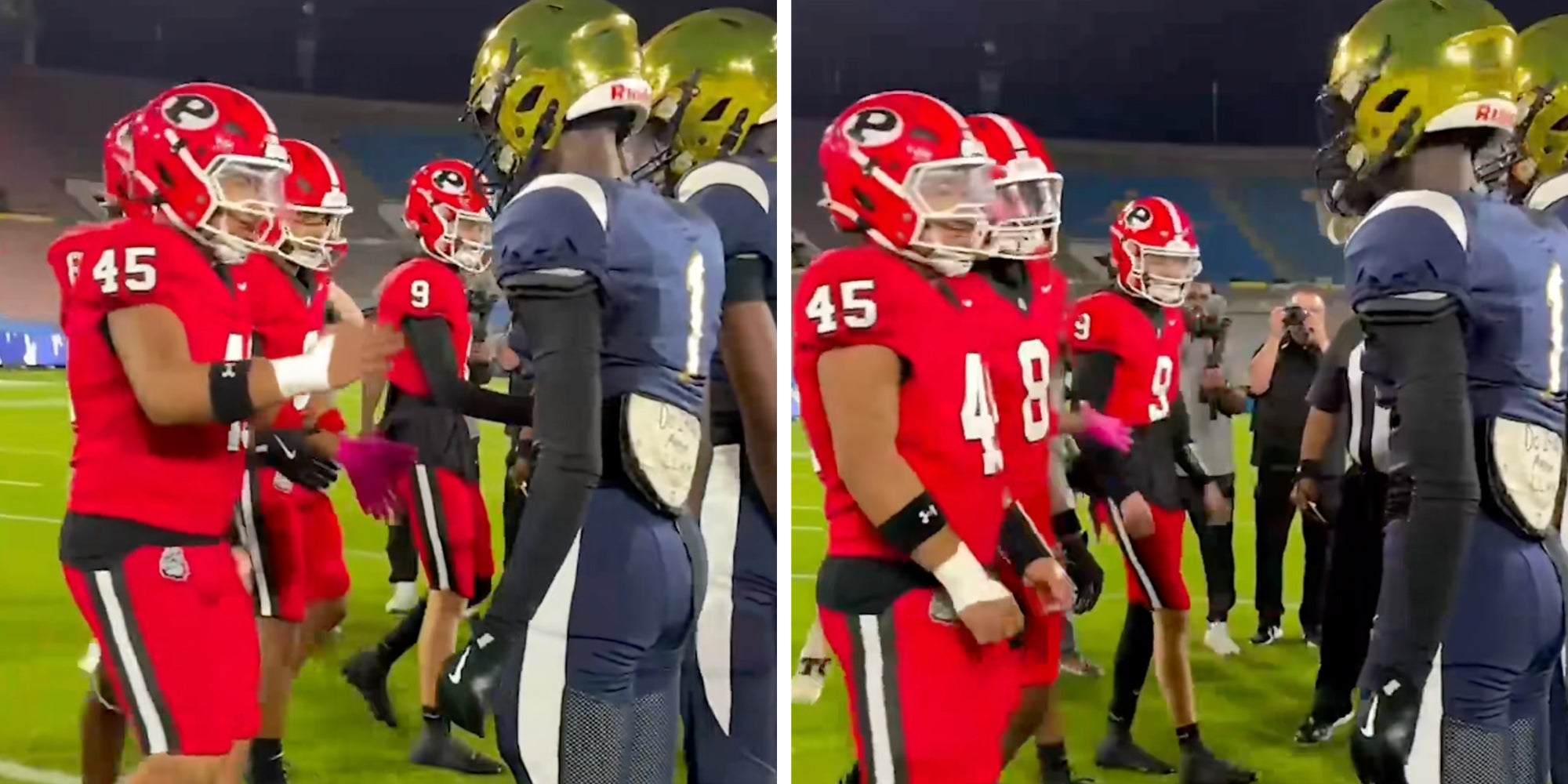 Pasadena 78th annual Turkey Tussle footage: the John Muir Mustangs high school football team refusing to shake the hands of the Pasadena High School Bulldogs.