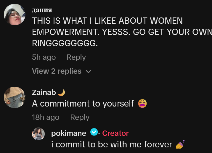 TikTok comments including one reading 'THIS IS WHAT I LIKEE ABOUT WOMEN EMPOWERMENT. YESSS. GO GET YOUR OWN RINGGGGGGGG.'