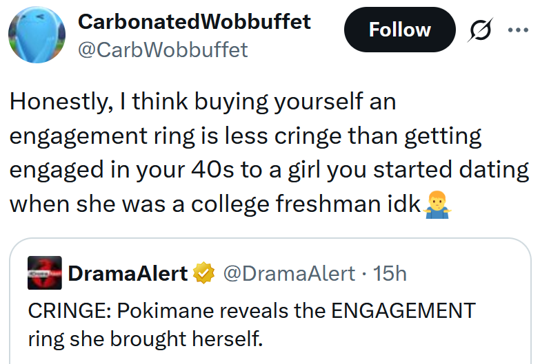 Tweet reading 'Honestly, I think buying yourself an engagement ring is less cringe than getting engaged in your 40s to a girl you started dating when she was a college freshman idk'