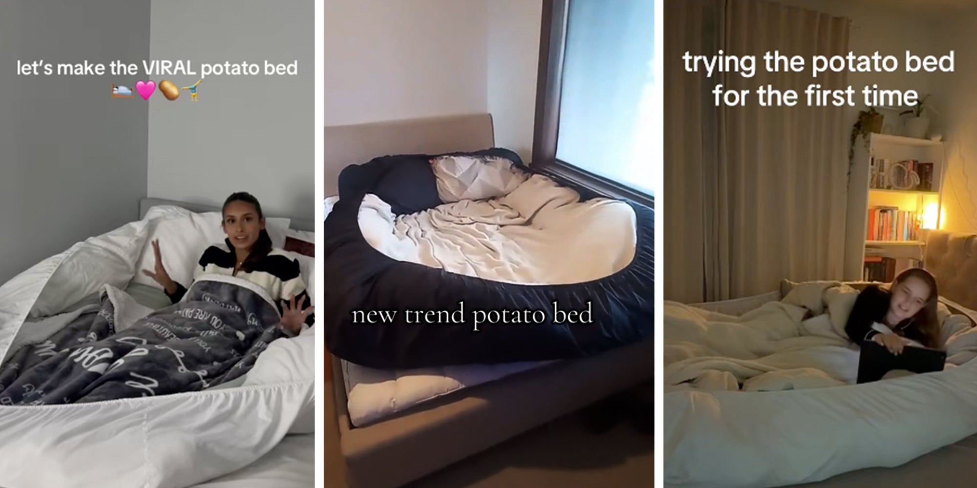 3 Panel: Woman in bed under caption reading, 'let's make the VIRAL potato bed.' Middle: Potato bed. Right: Woman in bed with iPad, text overlay reads, 'Trying the potato bed for the frist time.'