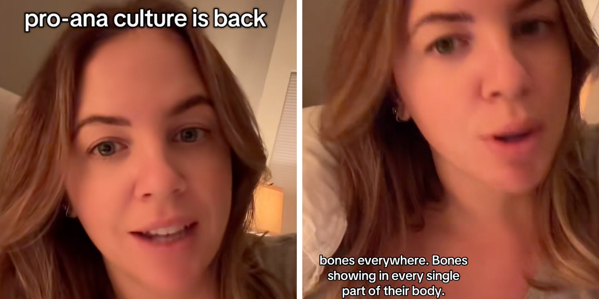 Woman looking into the camera. Text overlay reads, 'Pro-ana culture is back.'