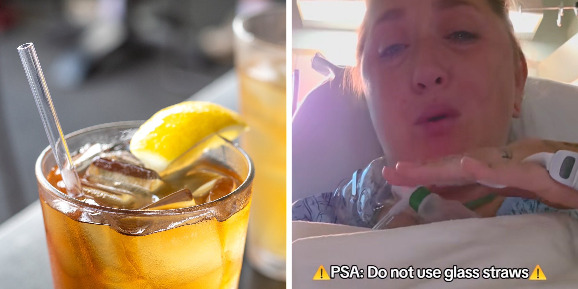 Left: Close up on a reusable acrylic drinking straw, in a glass of ice tea. Right: Woman laying in a hospital bed crying, text overlay reading, 'PSA: Do not use glass straws.'