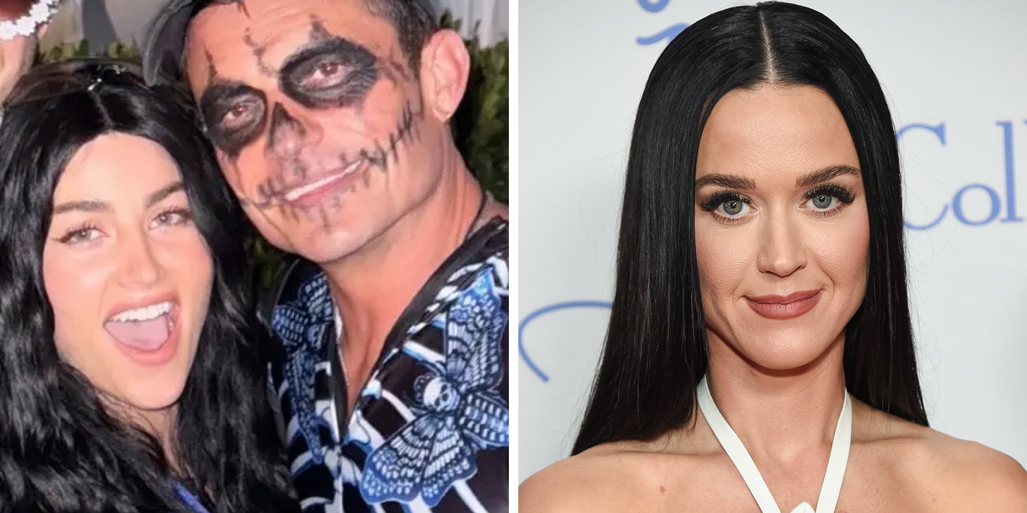 Left: Actress Rachel Lynn Matthews wearing a dark wig and shiny blue costume in reference to pop star Katy Perry, standing next to actor Orlando Bloom, who has skull makeup on his face for Halloween. Right: Katy Perry arrives for the Colleagues Spring Luncheon on April 25, 2024 in Beverly Hills, CA.