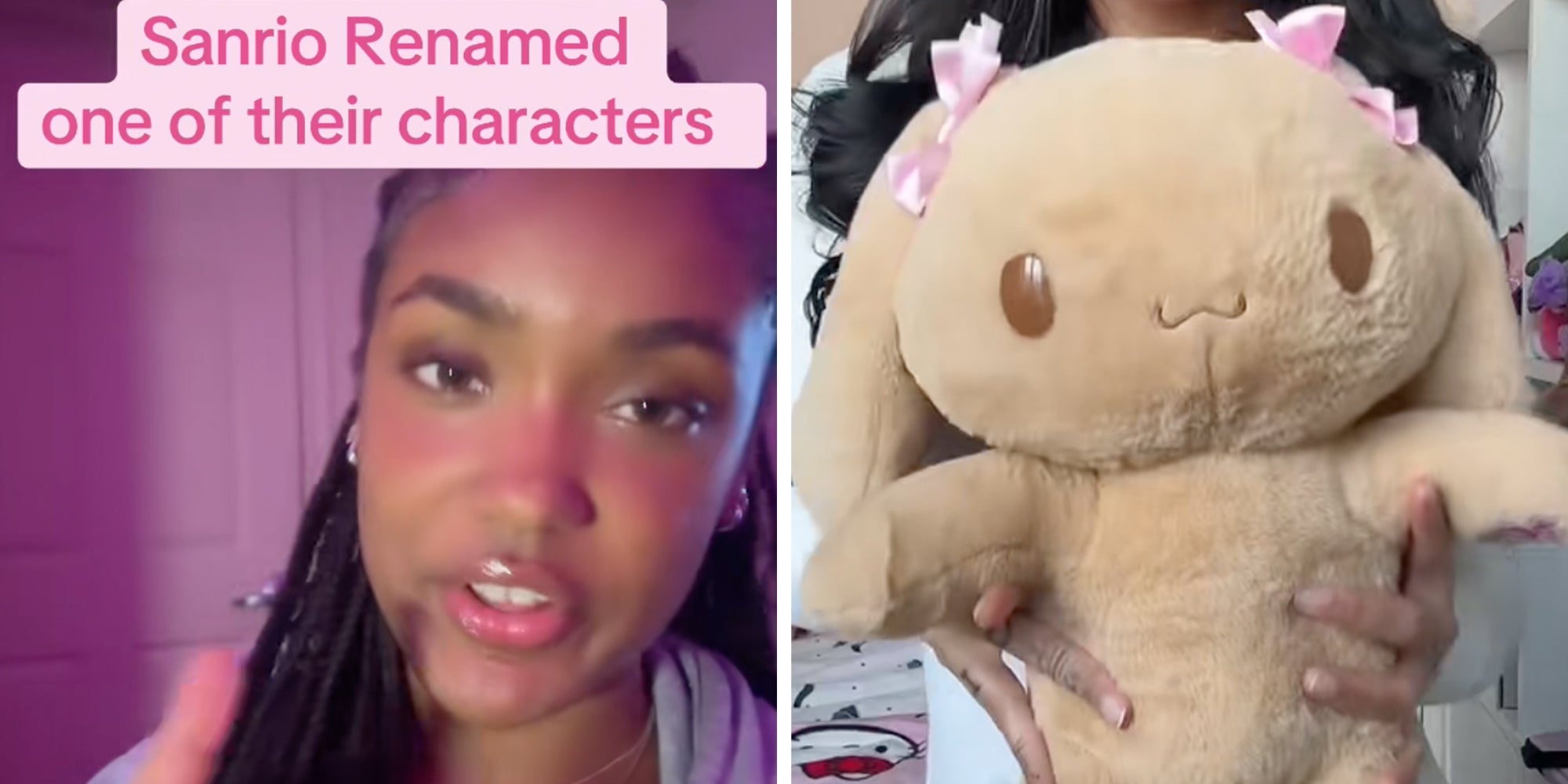 Left: Woman looking into the screen, text overlay reads, 'Sanrio renamed one of their characters.' Right: Hands holding a stuffed Mocha plushie.