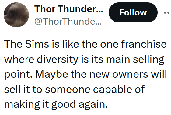 Tweet reading 'The Sims is like the one franchise where diversity is its main selling point. Maybe the new owners will sell it to someone capable of making it good again.'