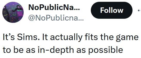 Tweet reading 'It’s Sims. It actually fits the game to be as in-depth as possible'