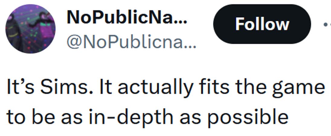 Tweet lendo 'É Sims. Na verdade, cabe ao jogo ser o mais aprofundado possível'