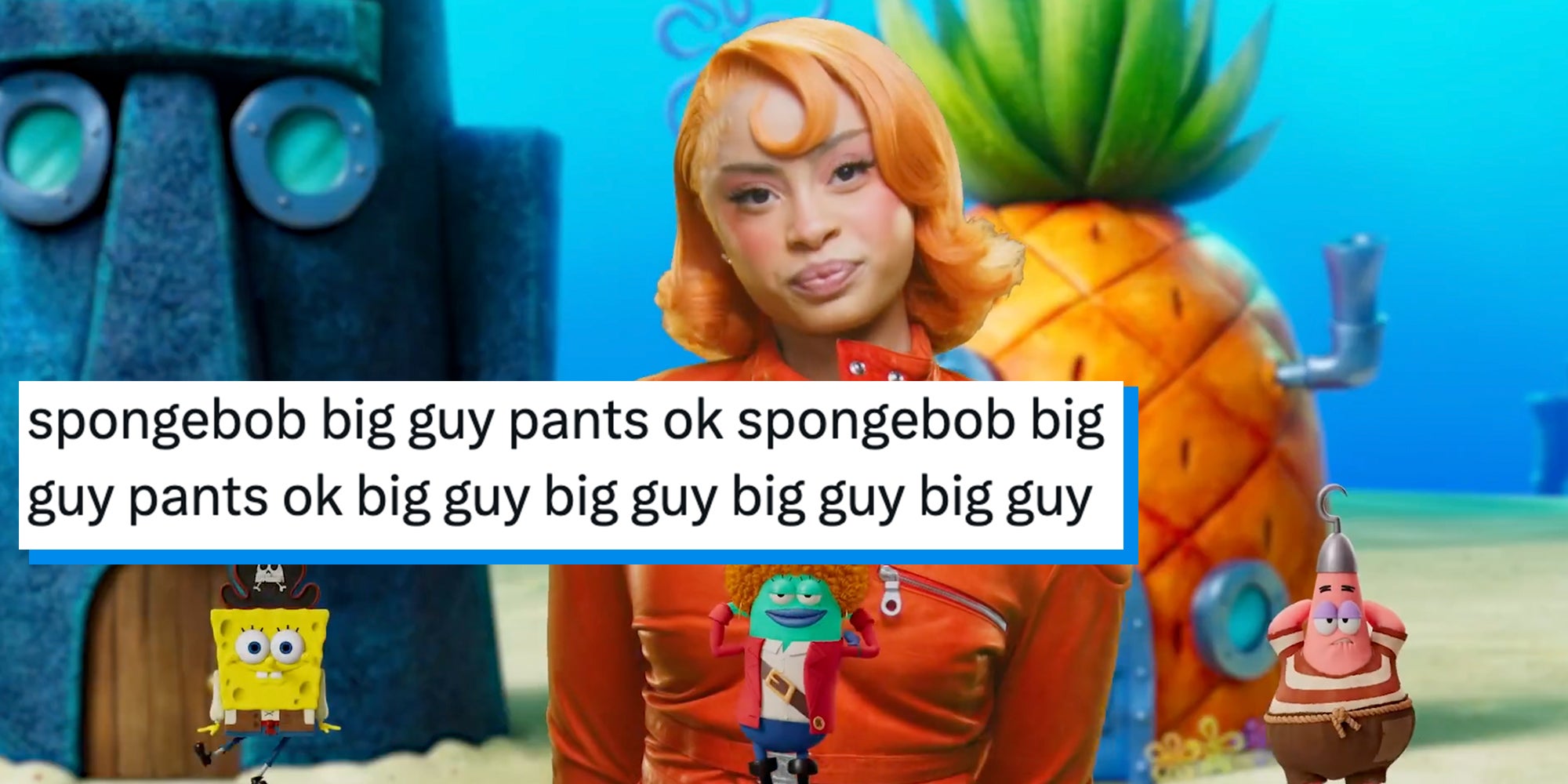 Rapper Ice Spice standing in front of Squidward and SpongeBob Squarepants' houses in Bikini Bottom. Text overlay reads, "spongebob big guy pants ok spongebob big guy pants ok big guy big guy big guy big guy."