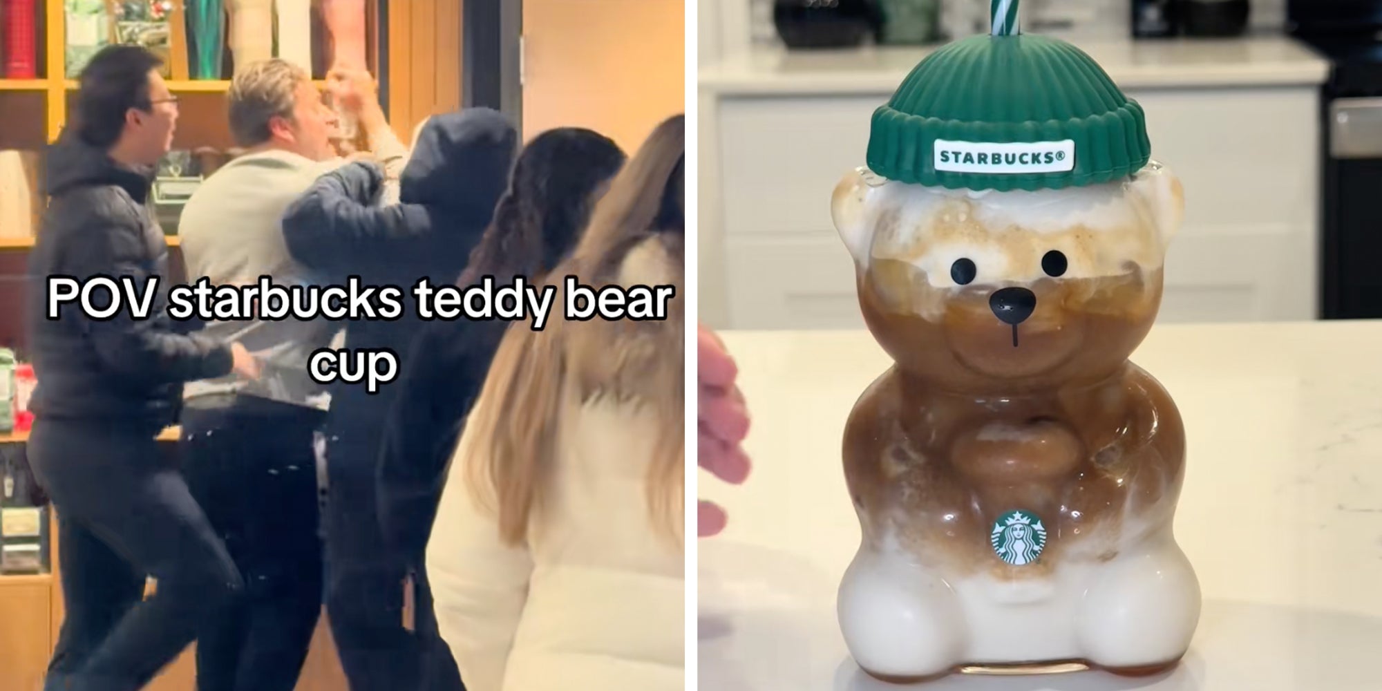 Left: Brawl inside of a Starbucks in New Jersey over a Bearista cup, text overlay reads, 'POV Starbucks teddy bear cup.' Right: Cinnamon bun iced latte in a Starbucks glass Bearista cold cup.