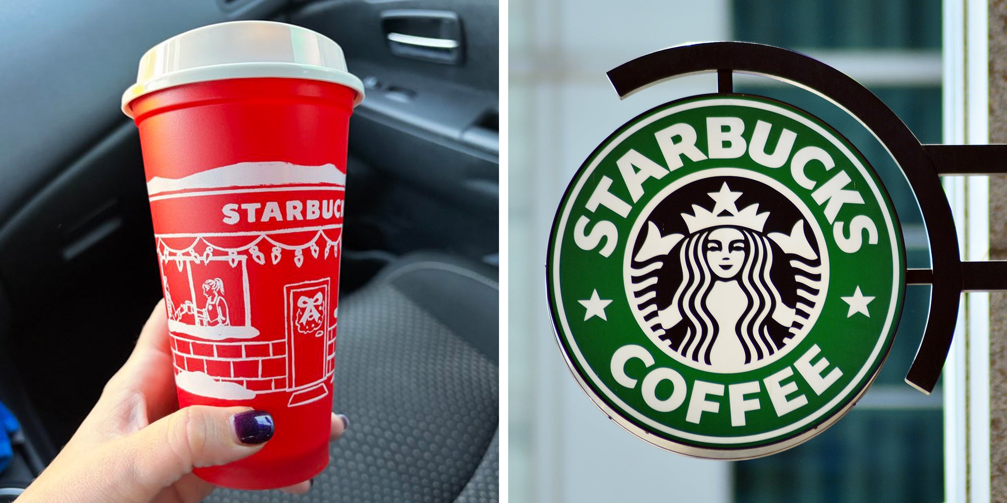 Left: Woman's hand holding 2025 Red Starbucks cup. Right: Starbucks logo outside store.