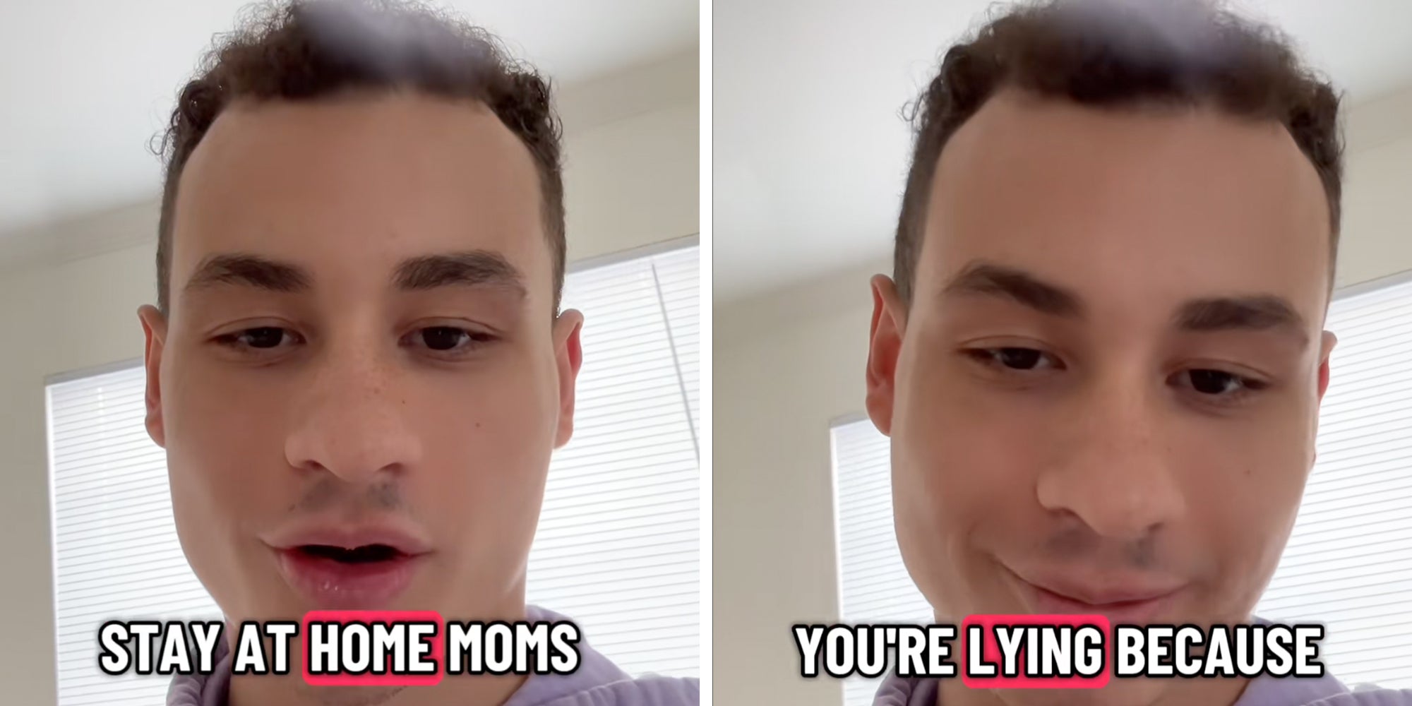 Man looking into camera, left panel reads: 'Stay at home moms,' right panel reads, 'You're lying because.'