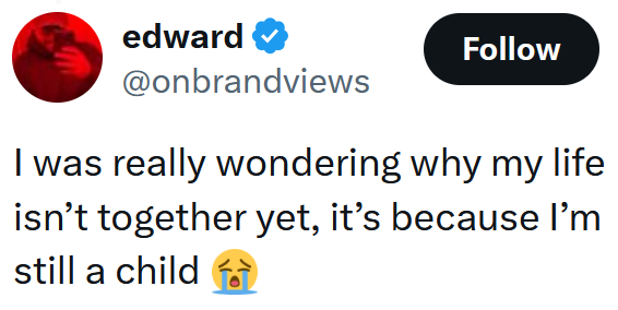 Tweet reading 'I was really wondering why my life isn’t together yet, it’s because I’m still a child'