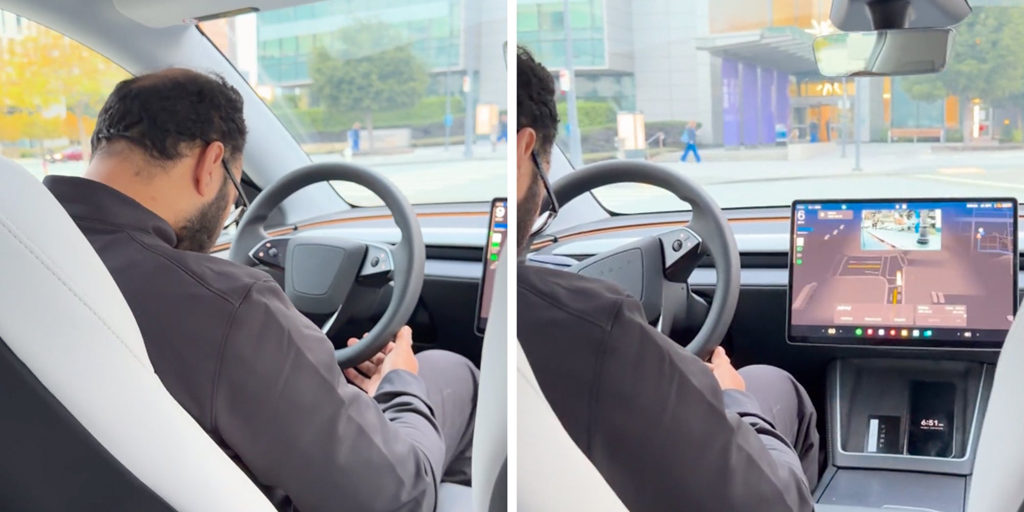 Man asleep at the wheel of a Tesla Robotaxi in San Francisco, POV from backseat.