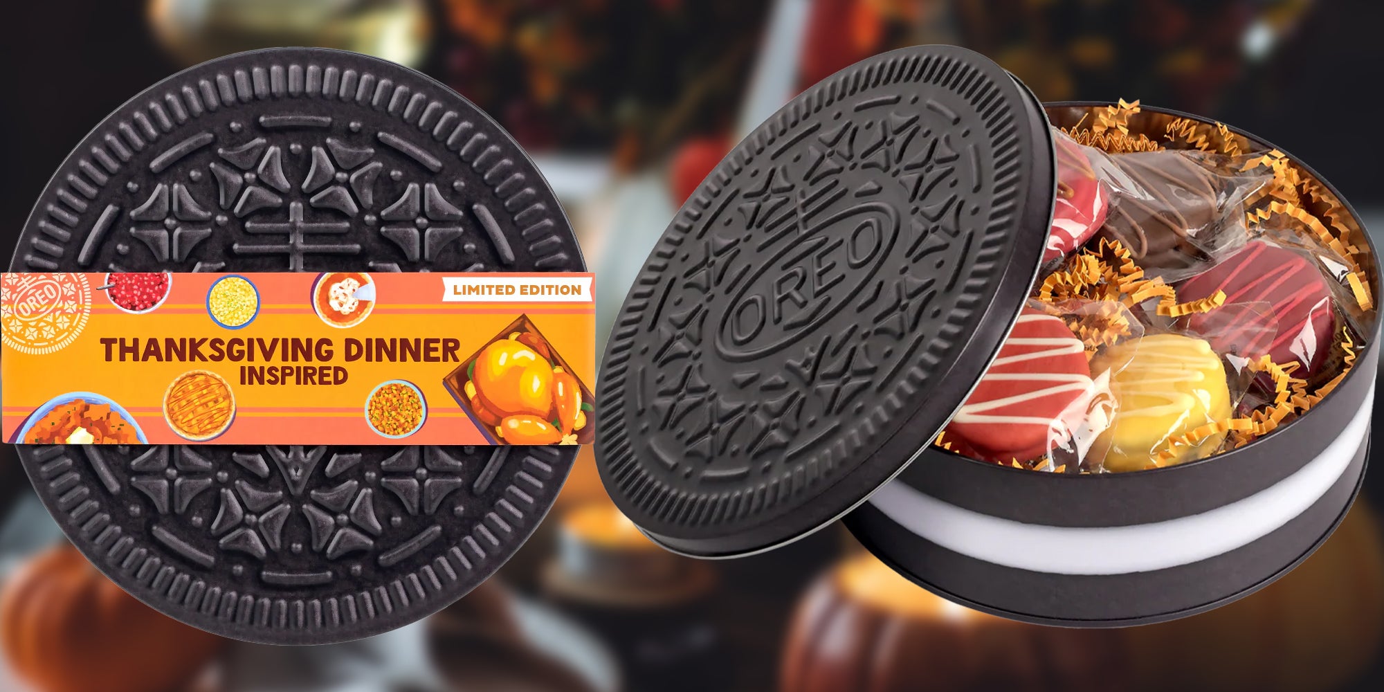 Thanksgiving Oreo cookies in an Oreo-shaped tin. Background is blurred, showing a fall composition. Orange pumpkins, flowers and candles on wooden table. Family elegant Thanksgiving or halloween dinner.