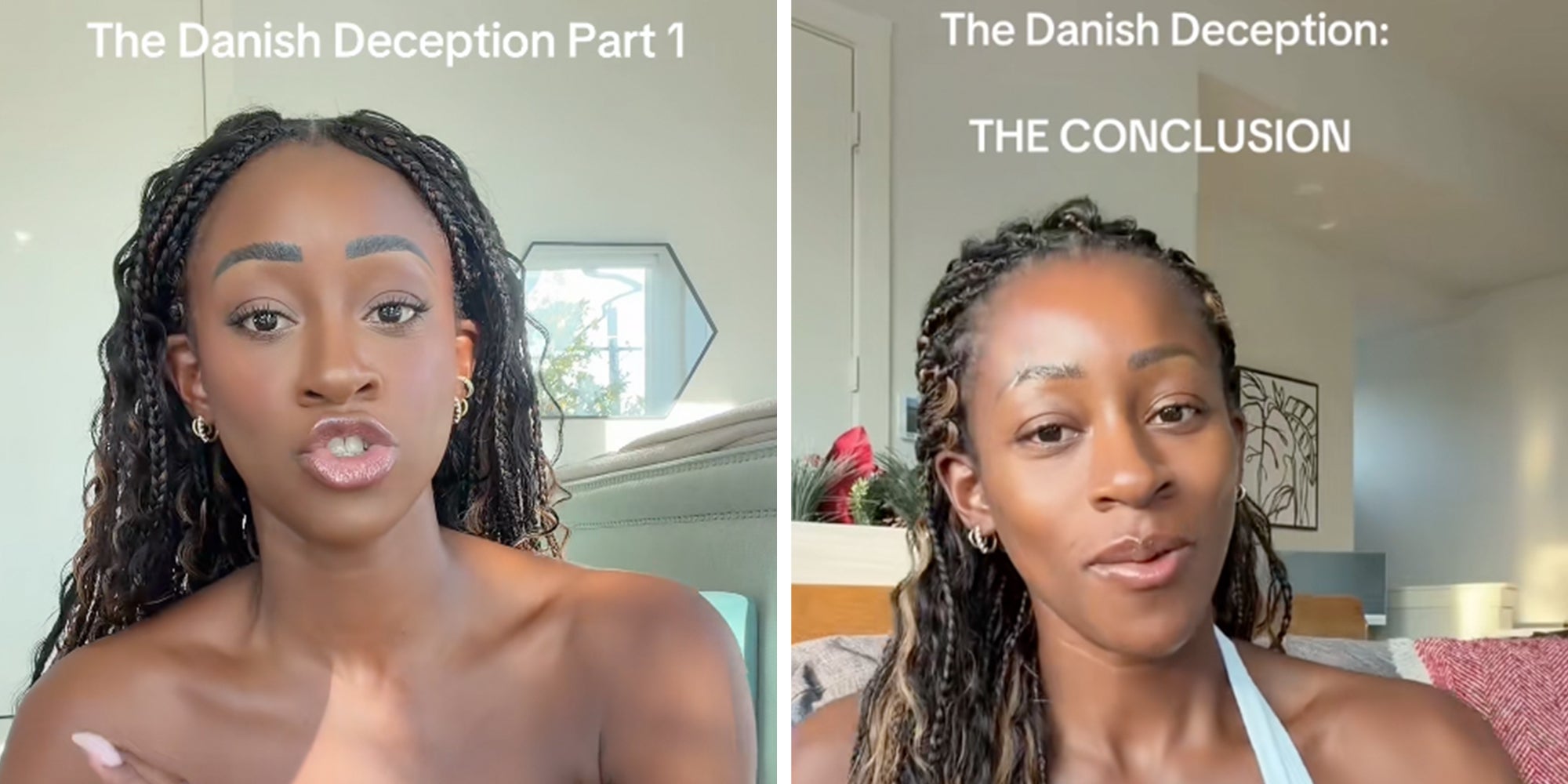 Woman sitting in front of the camera, text overlay reads, 'The Danish Deception Part 1.'
