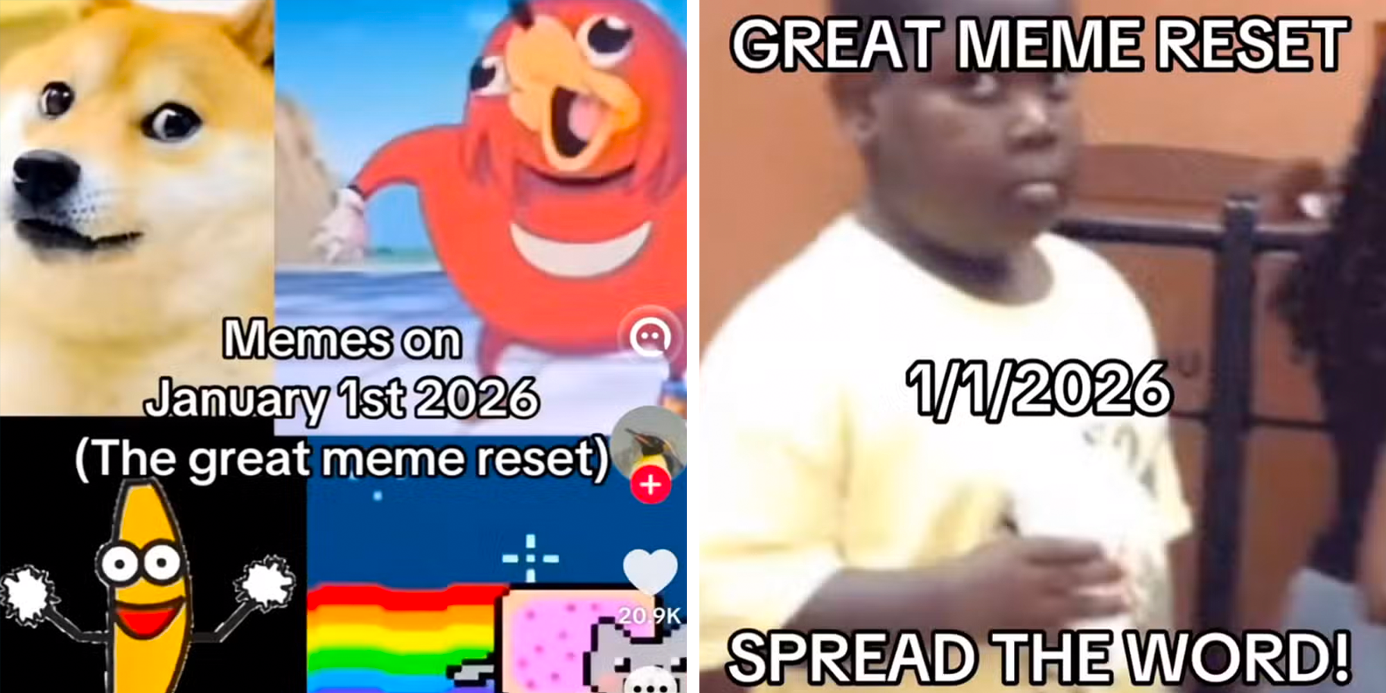 Left: 4 2016-era memes, including Doge and Nyan cat, underneath text reading, 'Memes on January 1st 2026 (the great meme reset). Right: Awkward Black Kid meme under text reading 'Great meme reset 1/1/2026, Spread the word!'