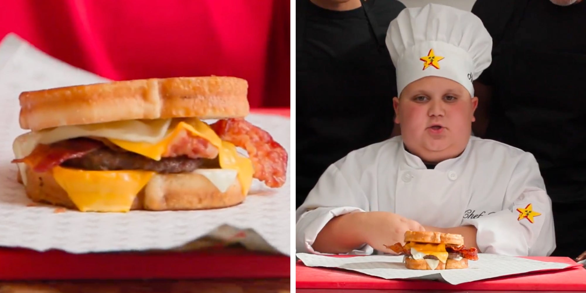 The Rizzler's Hardee's sandwich, called 'The Rizzwich meal.' A juicy 100% USA Angus beef patty, melty American and Swiss cheese, crispy cherrywood-smoked bacon, sandwiched between buttery, toasted sourdough.