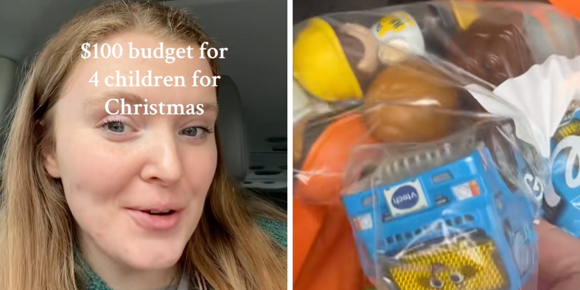 Left: Woman sitting in her car under text reading, '$100 budget for four children for Christmas.' Right: See-through bag of toy cars.
