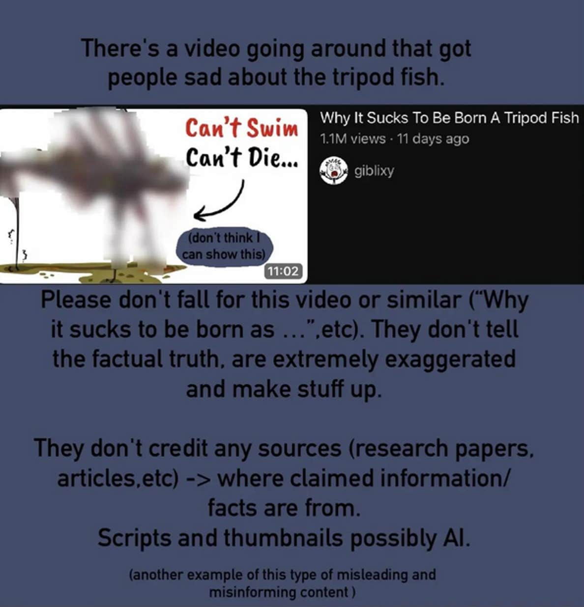 A apresentação de slides do TikTok explicando que os vídeos que afirmam que os peixes tripé são infelizes são imprecisos.