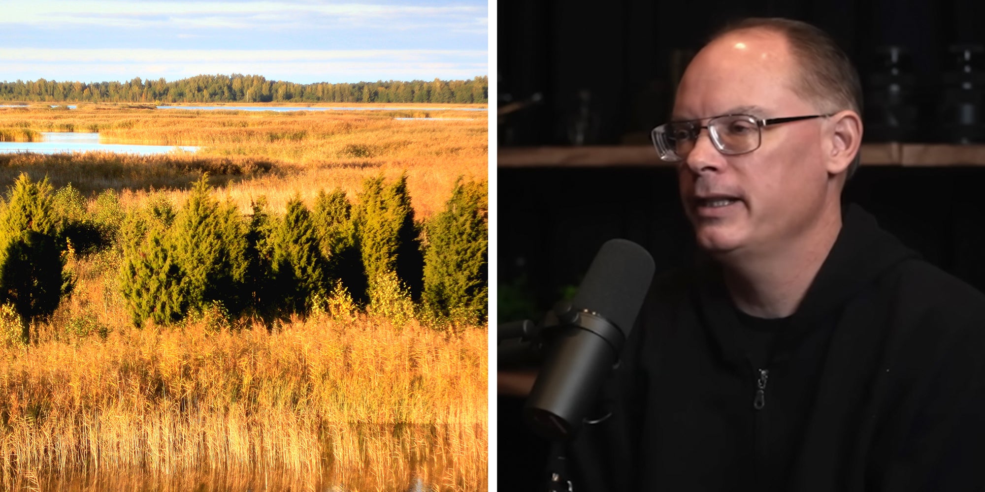 Left: Beautiful view on a lake with reed and trees thickets. Right: Epic Games CEO Tim Sweeney speaking into a microphone on Lex Fridman's podcast.