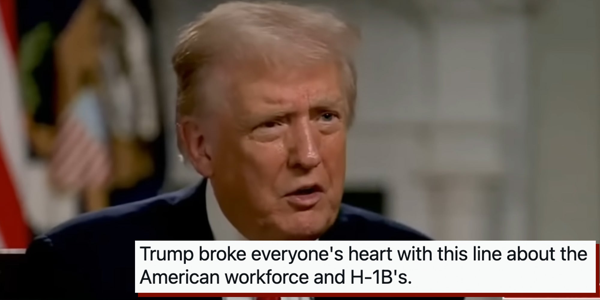 President Donald Trump interview on Fox News' The Ingraham Angle. Tweet text overlay from Mike Cernovich reads, 'Trump broke everyone's heart with this line about the American workforce and H-1B's.'