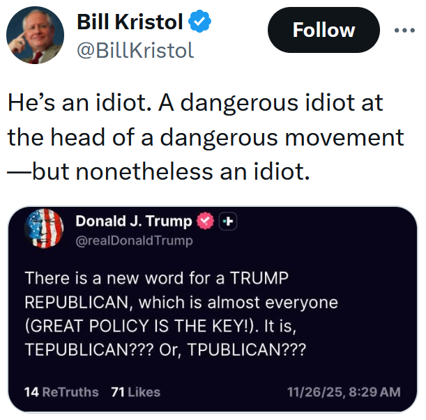 Tweet reading 'He’s an idiot. A dangerous idiot at the head of a dangerous movement—but nonetheless an idiot.'