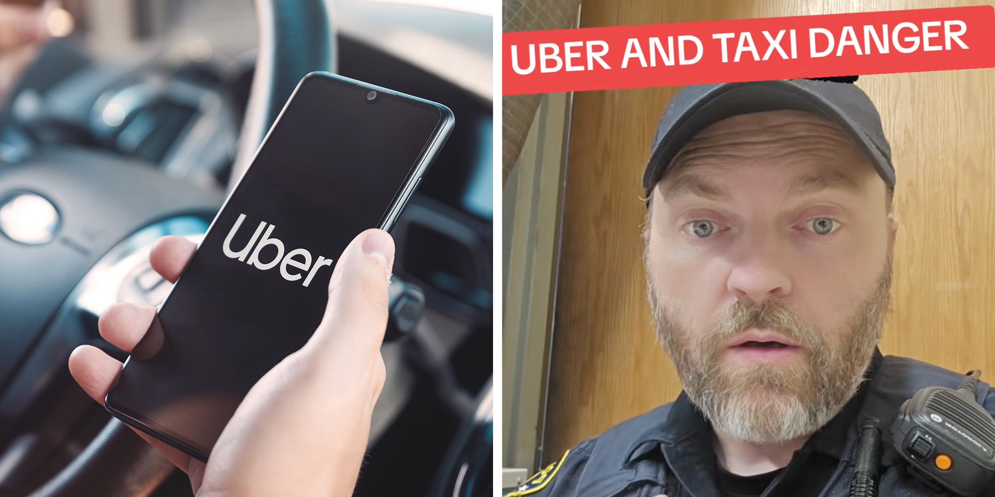 Left: Uber driver holding smartphone in car. Uber is sharing-economy service for ubran transport. Right: Police officer looking into camera under text reading, 'Uber and taxi danger.'