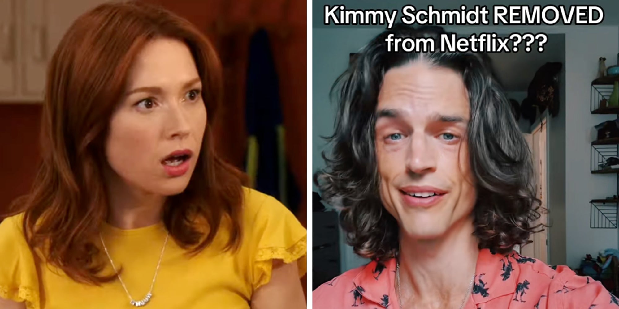 Left: Still from 'Unbreakable Kimmy Schmidt' of actress Ellie Kemper in a yellow top looking shocked. Right: Actor Andrew Briedis looking into the camera under text reading, 'Kimmy Schmidt REMOVED from Netflix???'