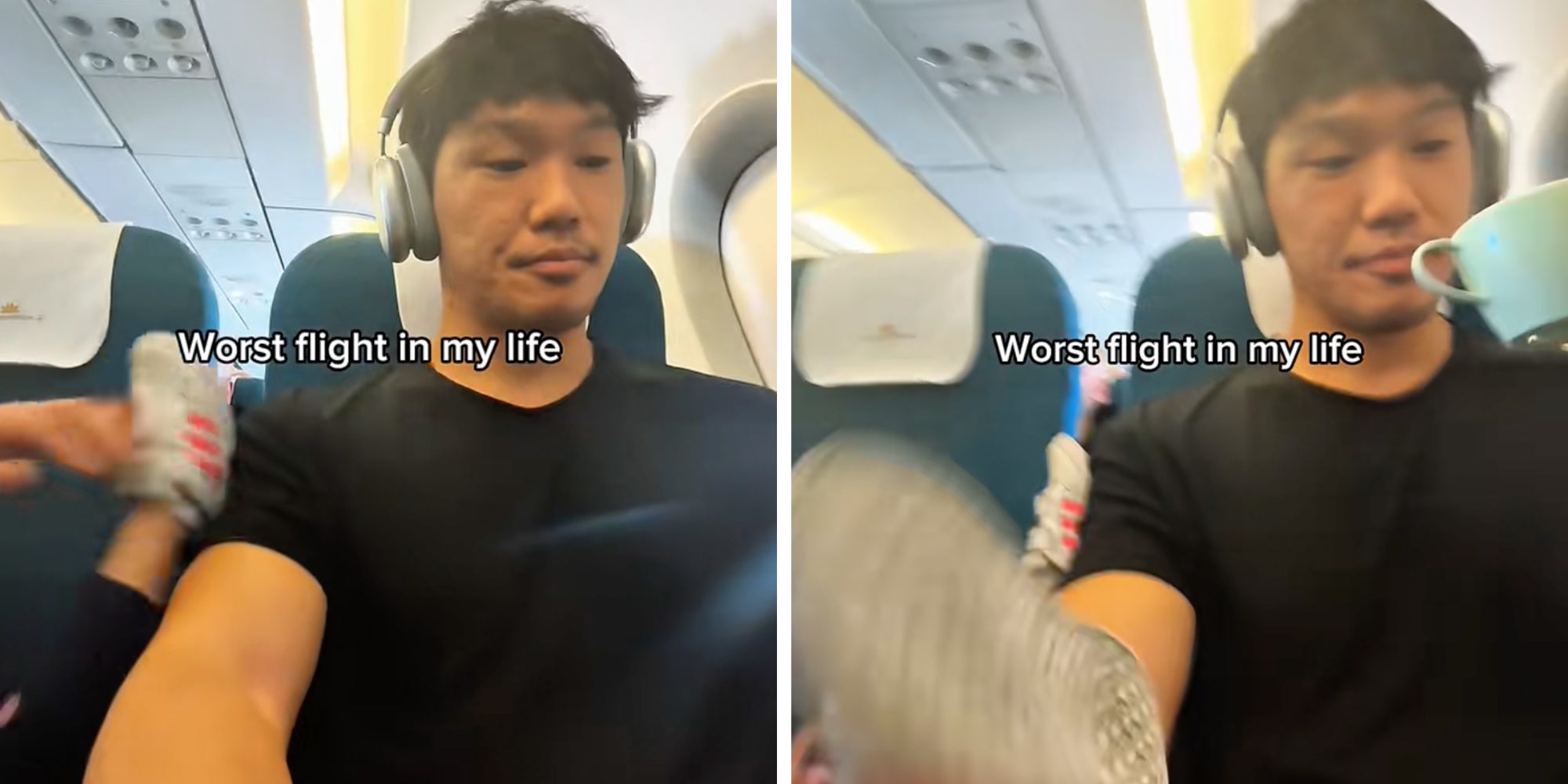 Man sitting in an airplane seat with headphones on, a toddler visibly kicks him in the arm.