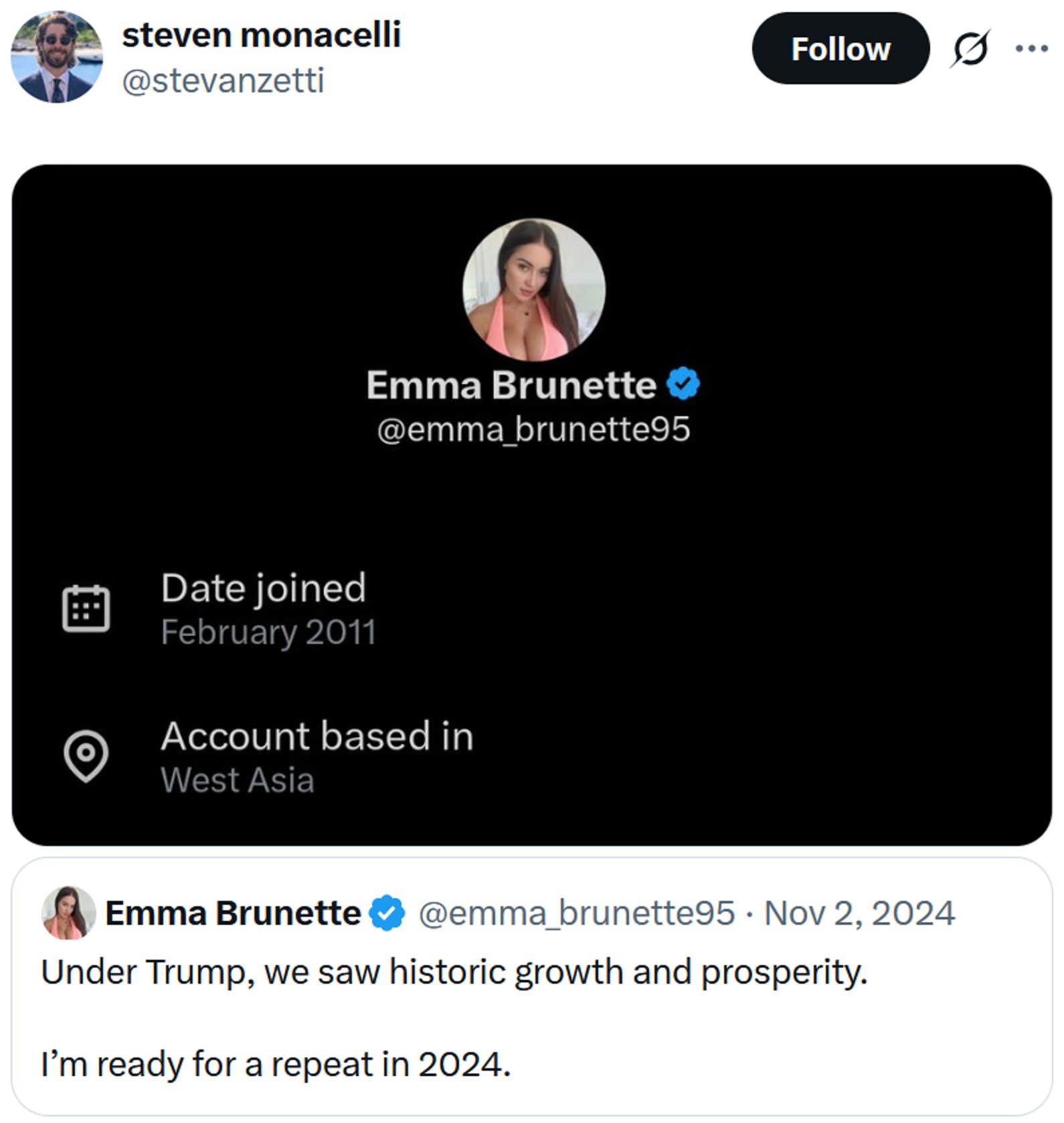 Cite o tweet de uma conta pró-Trump com uma captura de tela mostrando que sua conta está baseada na Ásia Ocidental.