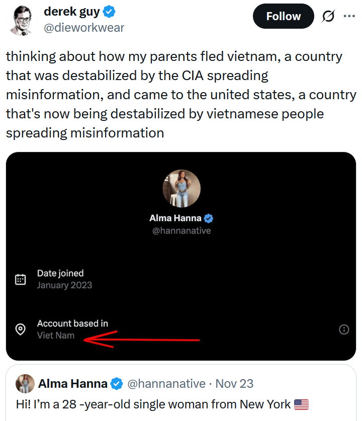 Tweet reading "thinking about how my parents fled vietnam, a country that was destabilized by the CIA spreading misinformation, and came to the united states, a country that's now being destabilized by vietnamese people spreading misinformation" over a screenshot of an account claiming to be in the U.S. but based in Vietnam.