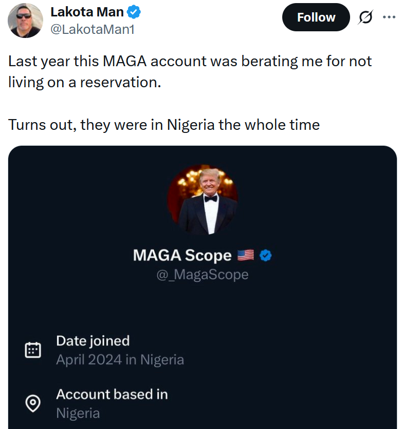 Tweet reading 'Last year this MAGA account was berating me for not living on a reservation. Turns out, they were in Nigeria the whole time' with a location screenshot below.
