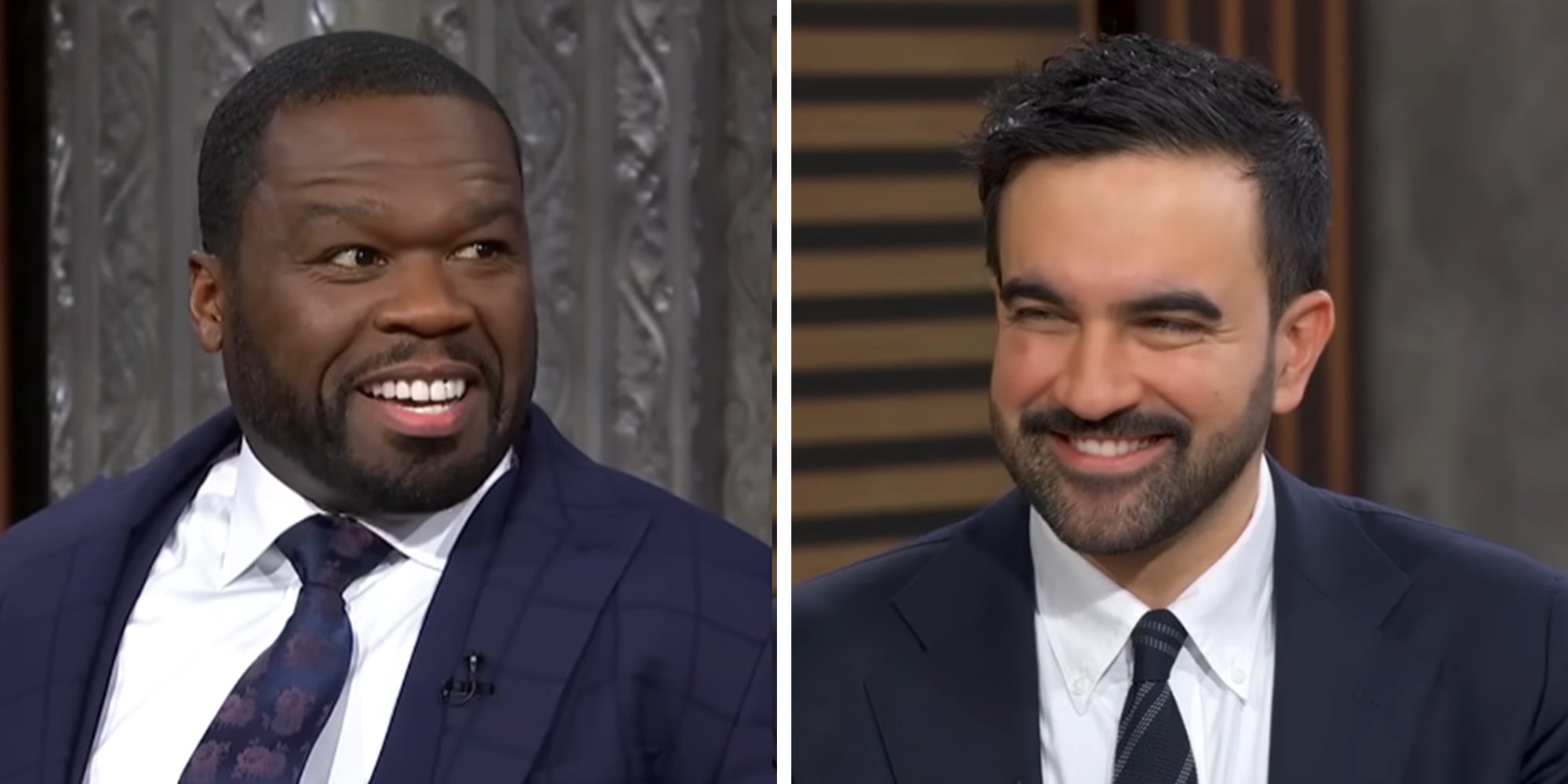 Left: Rapper Curtis '50 Cent' Jackson during an interview on The Late Show With Stephen Colbert. Right: NYC Mayor Zohran Mamdani during an interview appearance on 'Good Morning America.'
