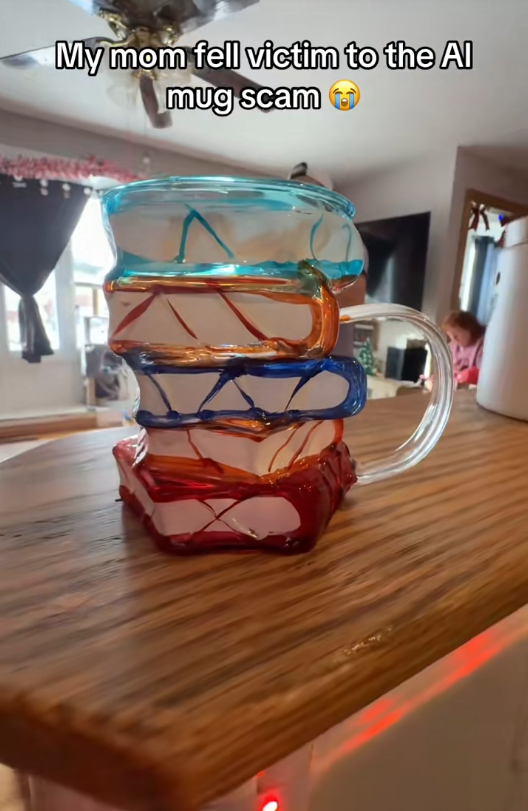 TikTok video showing a sloppily painted mug with a caption reading 'My mom fell victim to the AI mug scam.'