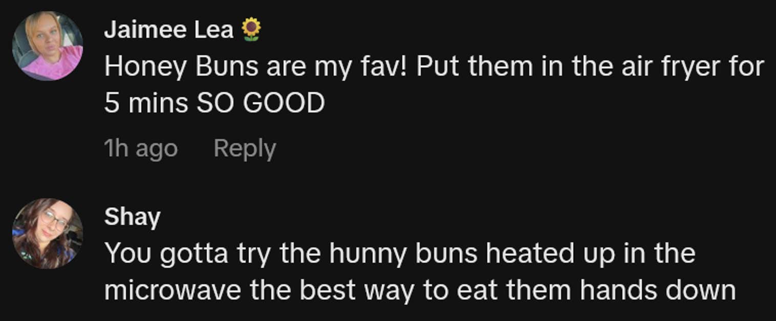 Comentários do TikTok, incluindo um deles dizendo 'Honey Buns are my fav! Coloque-os na fritadeira por 5 minutos, TÃO BOM '
