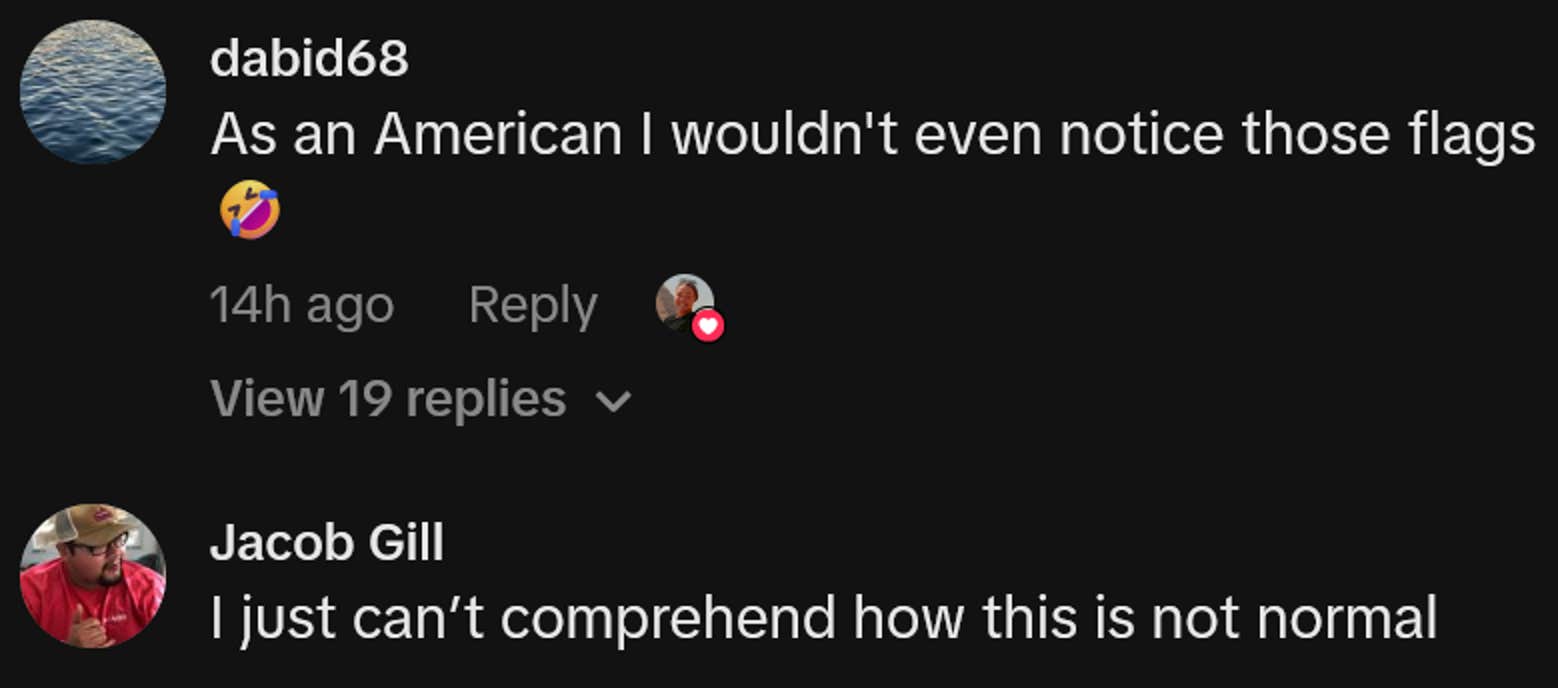 Comentários do TikTok, incluindo um que dizia 'Como americano, eu nem notaria essas bandeiras'