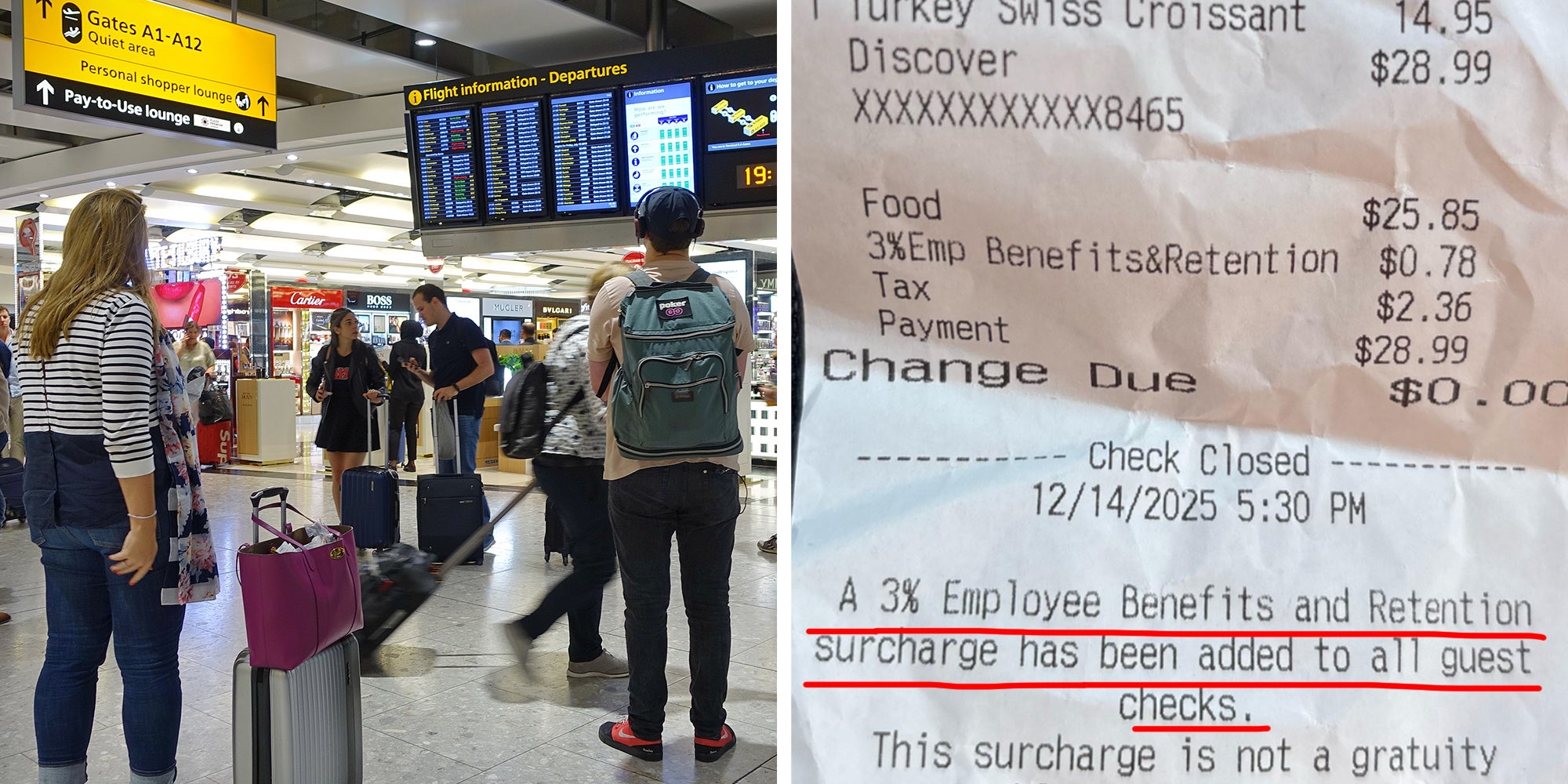Left: Air travelers check a departures board at a busy Heathrow Airport terminal. Right: Receipt from a bill at at an airport, red underlined text below surcharge reads, "A 3% employee benefits and retention surcharge has been added to all guest checks."