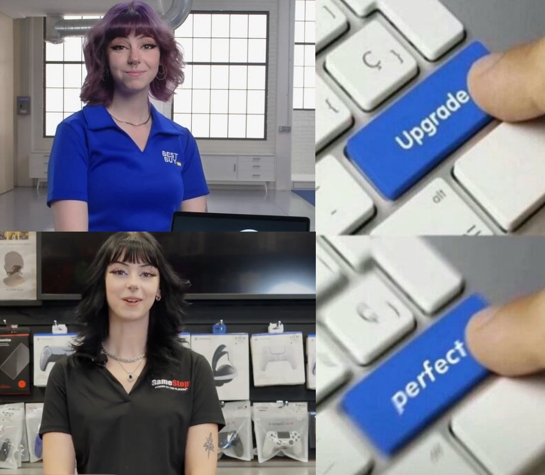 Meme about Best Buy Girl being upgraded to GameStop Girl.