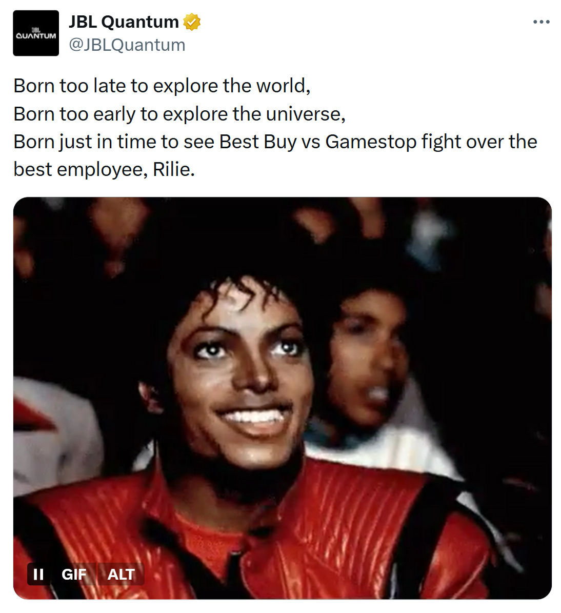 @JBLQuantum's tweet with a GIF of Michael Jackson eating popcorn.