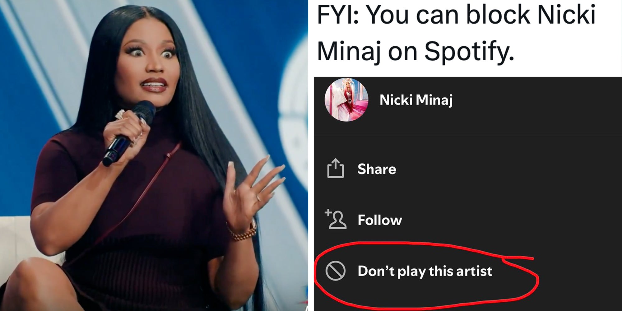 Left: Rapper Nicki Minaj sitting onstage at AmericaFest, a Turning Point USA event. Right: Tweet reading, 'FYI: You can block Nicki Minaj on Spotify,' above a screenshot showing Minaj's Spotify profil with the option 'Don't play this artist' circled in red.