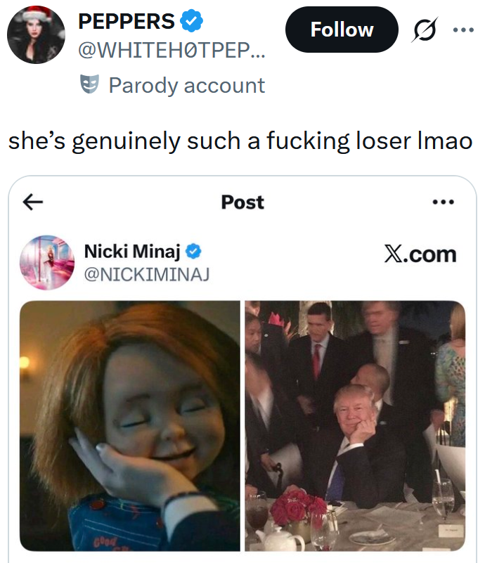 Tweet with a screenshot of a Nicki Minaj post on Donald Trump reading 'she’s genuinely such a fucking loser lmao'
