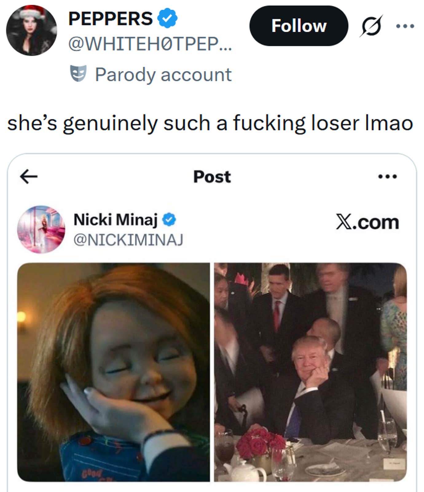 Tweet com uma captura de tela de uma postagem de Nicki Minaj sobre Donald Trump lendo 'ela é realmente uma perdedora, lmao'